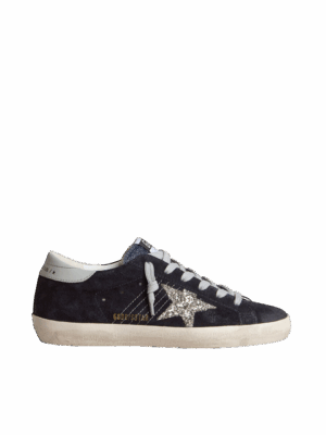 Golden Goose "Super-Star Blue Suede Silver Glitter Star & Leather Heel"
